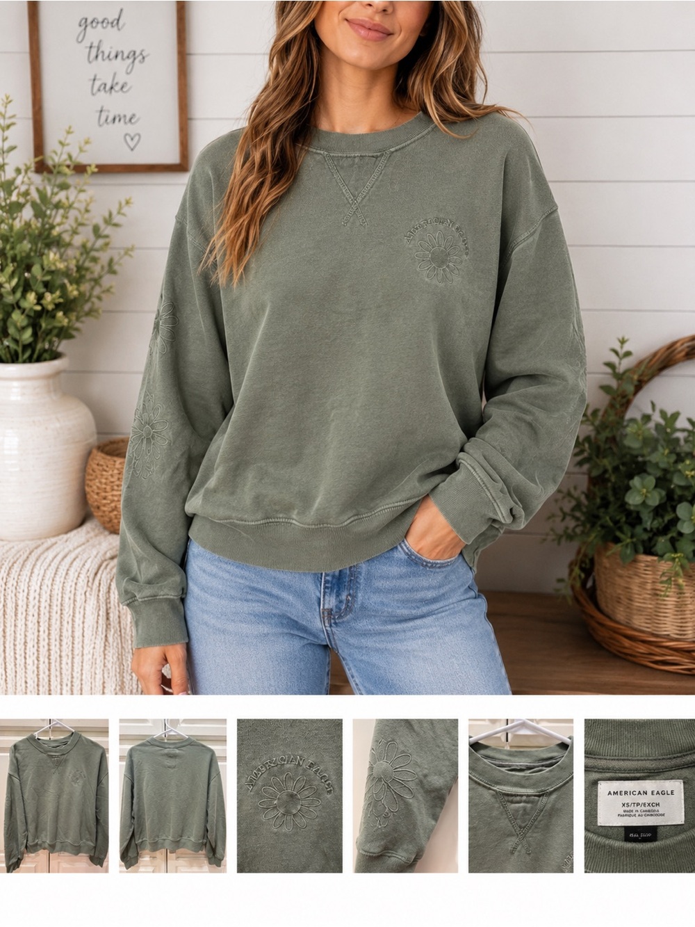 American Eagle Women’s XS Relaxed Daisy Embroidered Sage Green Sweatshirt